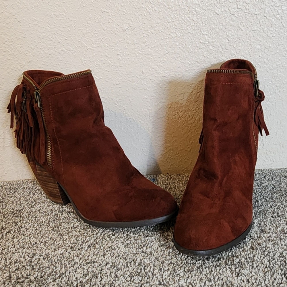 Rust Suede Ankle Boots with Fringe Detail
